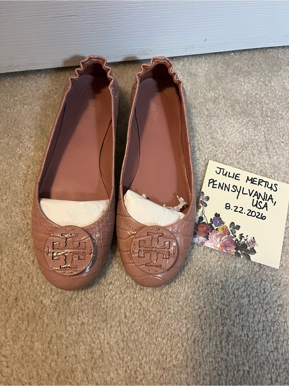 Tory Burch Blush Croc-Embossed Logo Ballet Flats